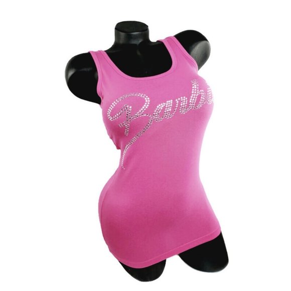 Barbie pink fitted racerback tank with clear rhinestone crystals. - Picture 4 of 4